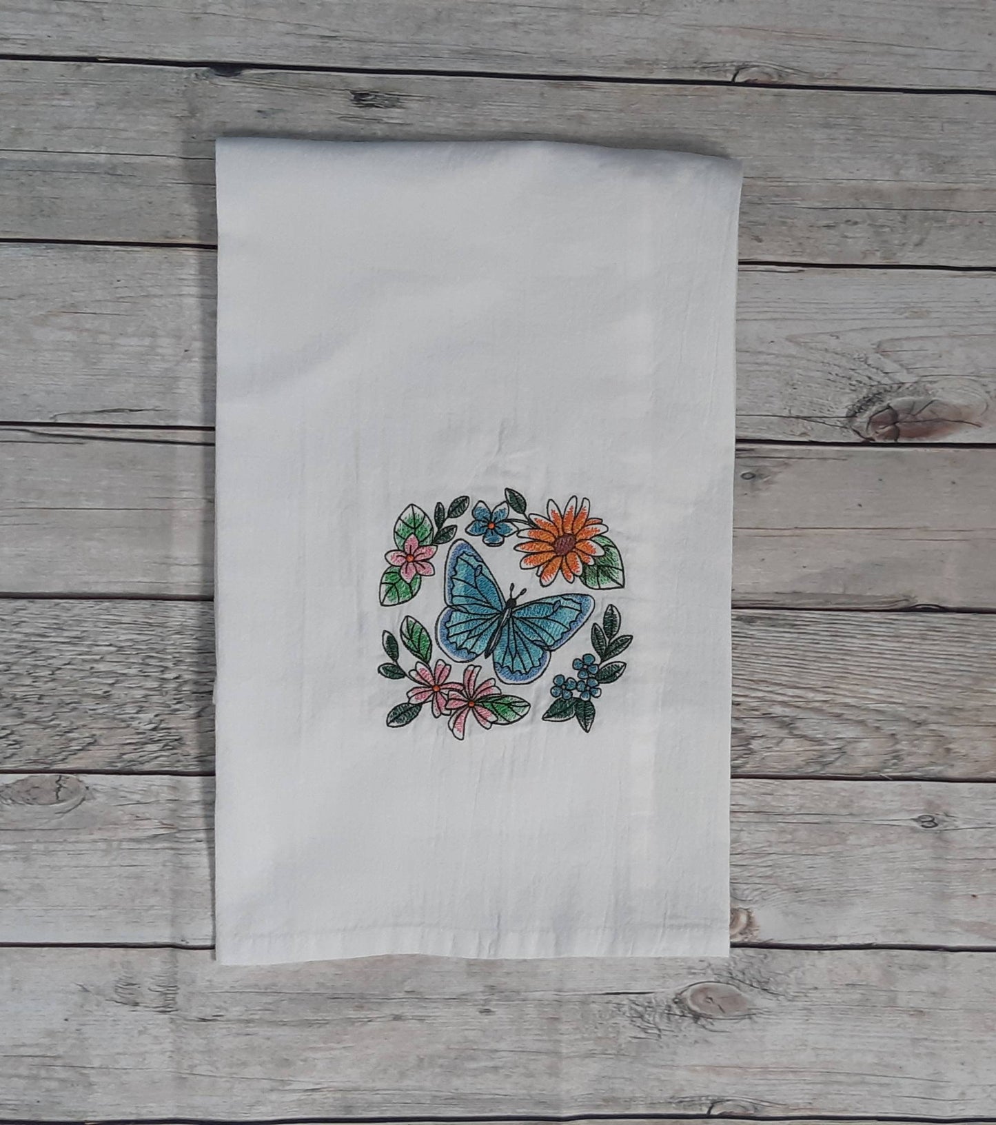 Embroidered Butterfly Flour Sack Tea Towel