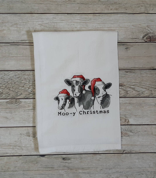 Embroidered Christmas Cow Tea Towel