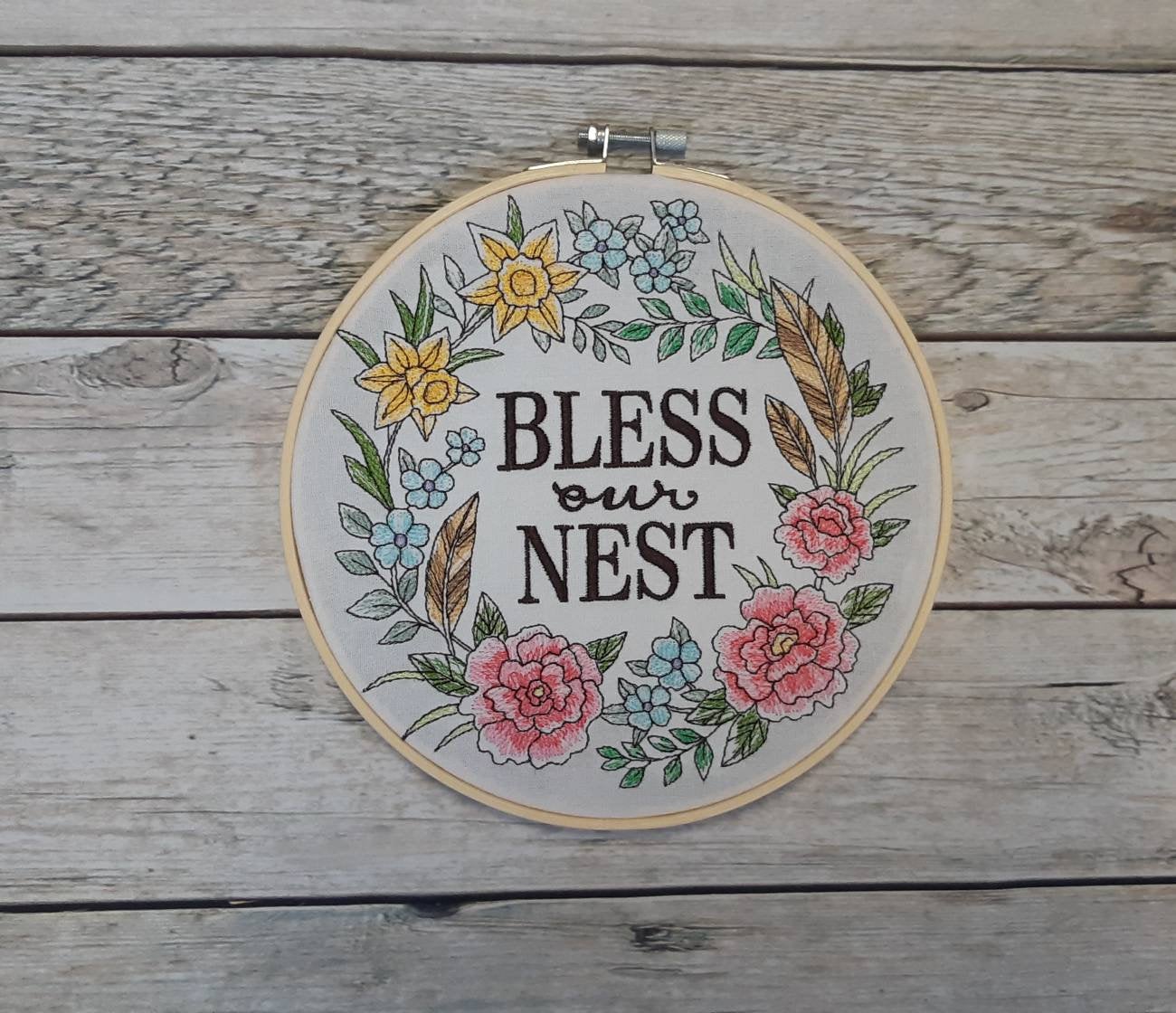 Bless This Nest Embroidered Hoop art, 8 inch hoop