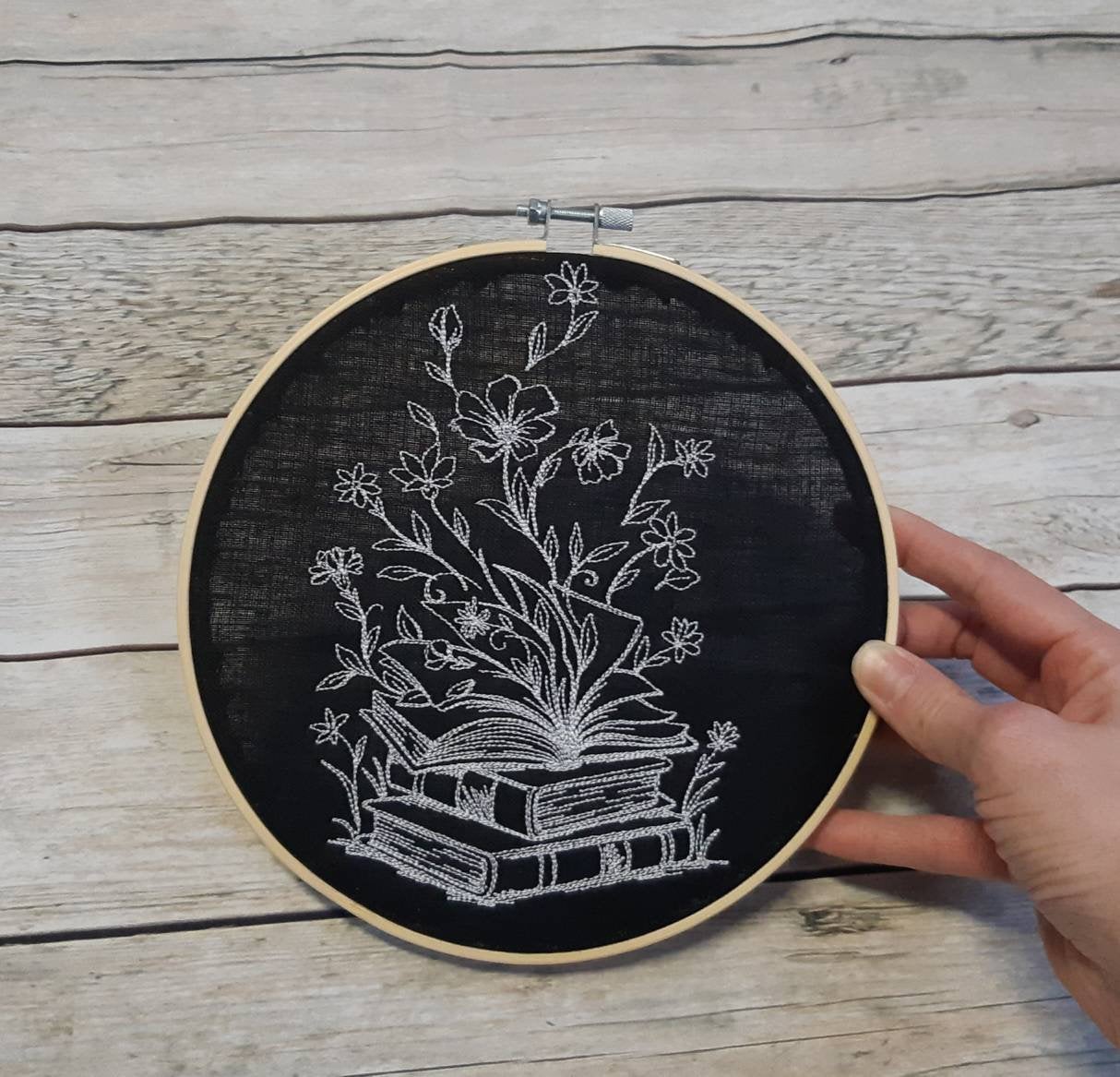 Embroidered Book Hoop Art, 8 inch Hoop