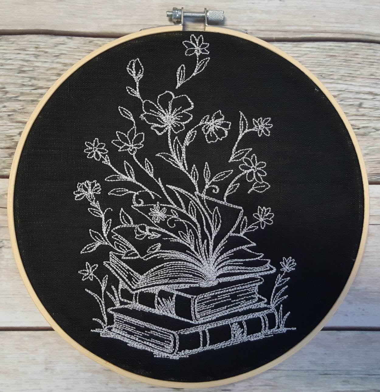 Embroidered Book Hoop Art, 8 inch Hoop