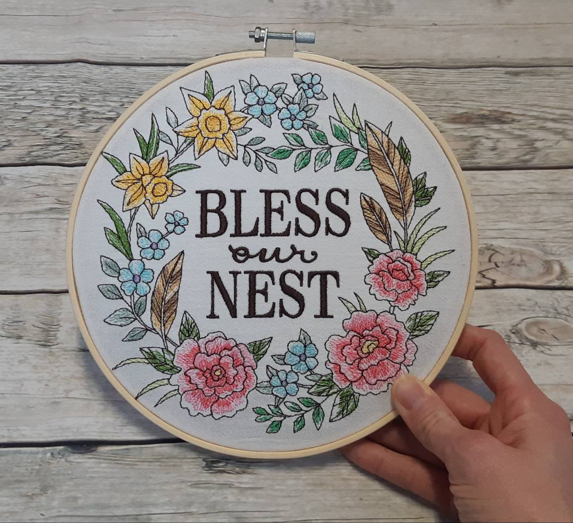 Bless This Nest Embroidered Hoop art, 8 inch hoop