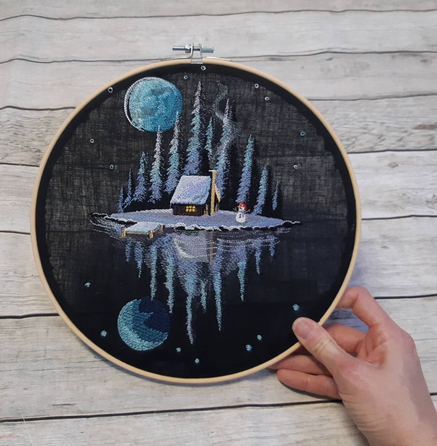 Winter Cabin Embroidered Hoop Art, 10" Hoop