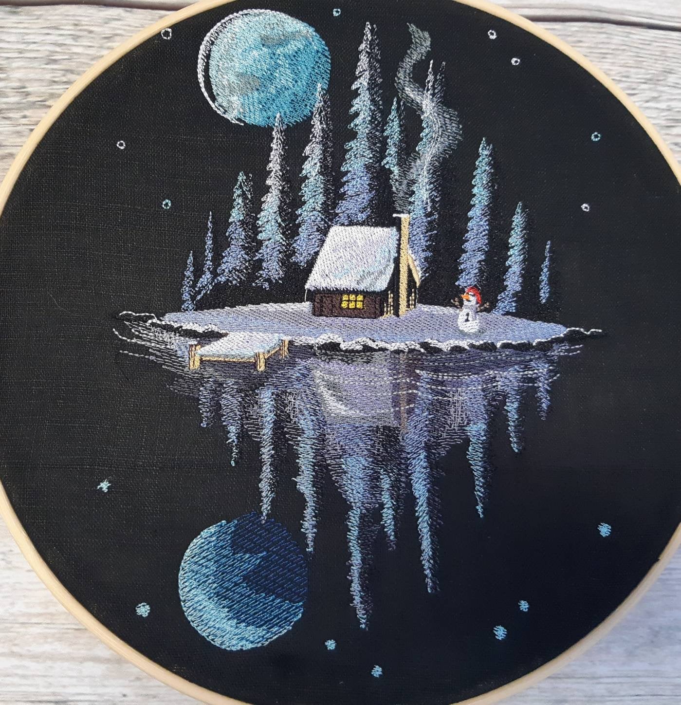 Winter Cabin Embroidered Hoop Art, 10" Hoop