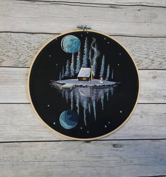 Winter Cabin Embroidered Hoop Art, 10" Hoop
