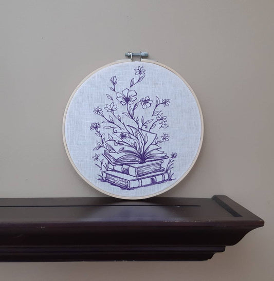 Embroidered Purple Book Hoop Art, 8" hoop