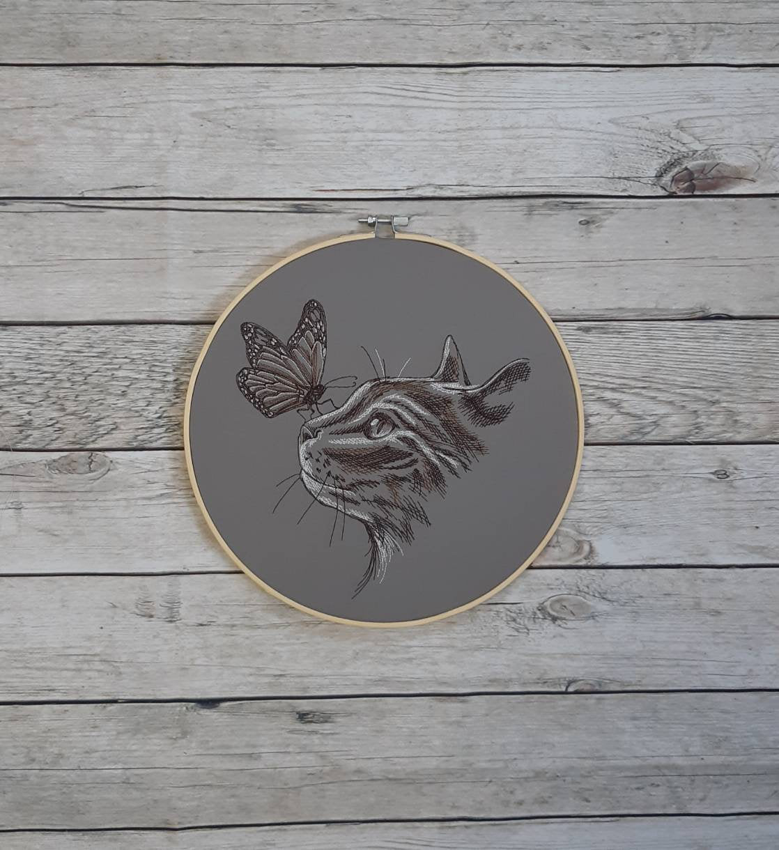 Embroidered Cat With Butterfly Wall Decor, 10 inch hoop