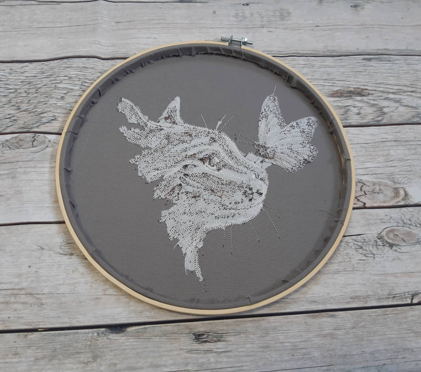 Embroidered Cat With Butterfly Wall Decor, 10 inch hoop