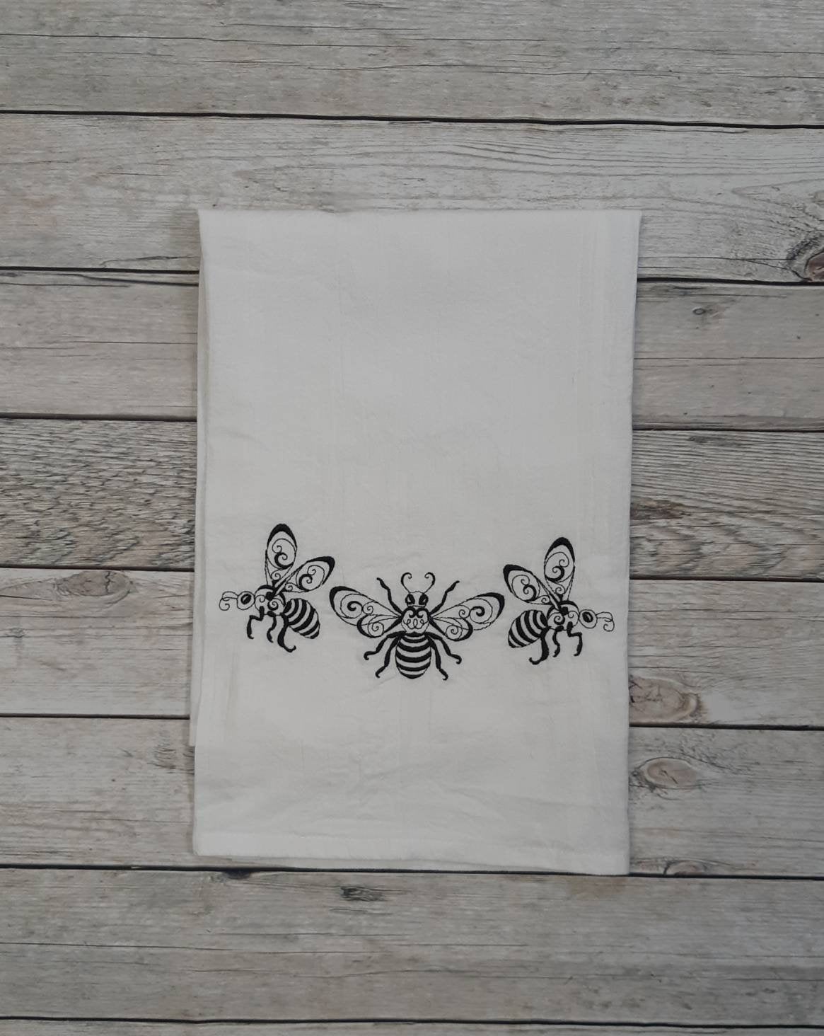 Embroidered Flour Sack Towel, Bee Border