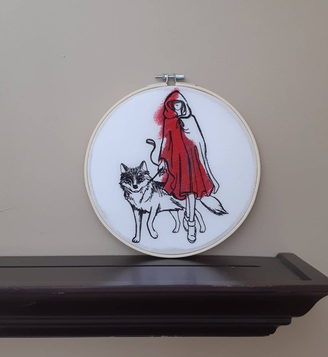 Red Riding Hood and Wolf Embroidered Hoop Art, 8" hoop