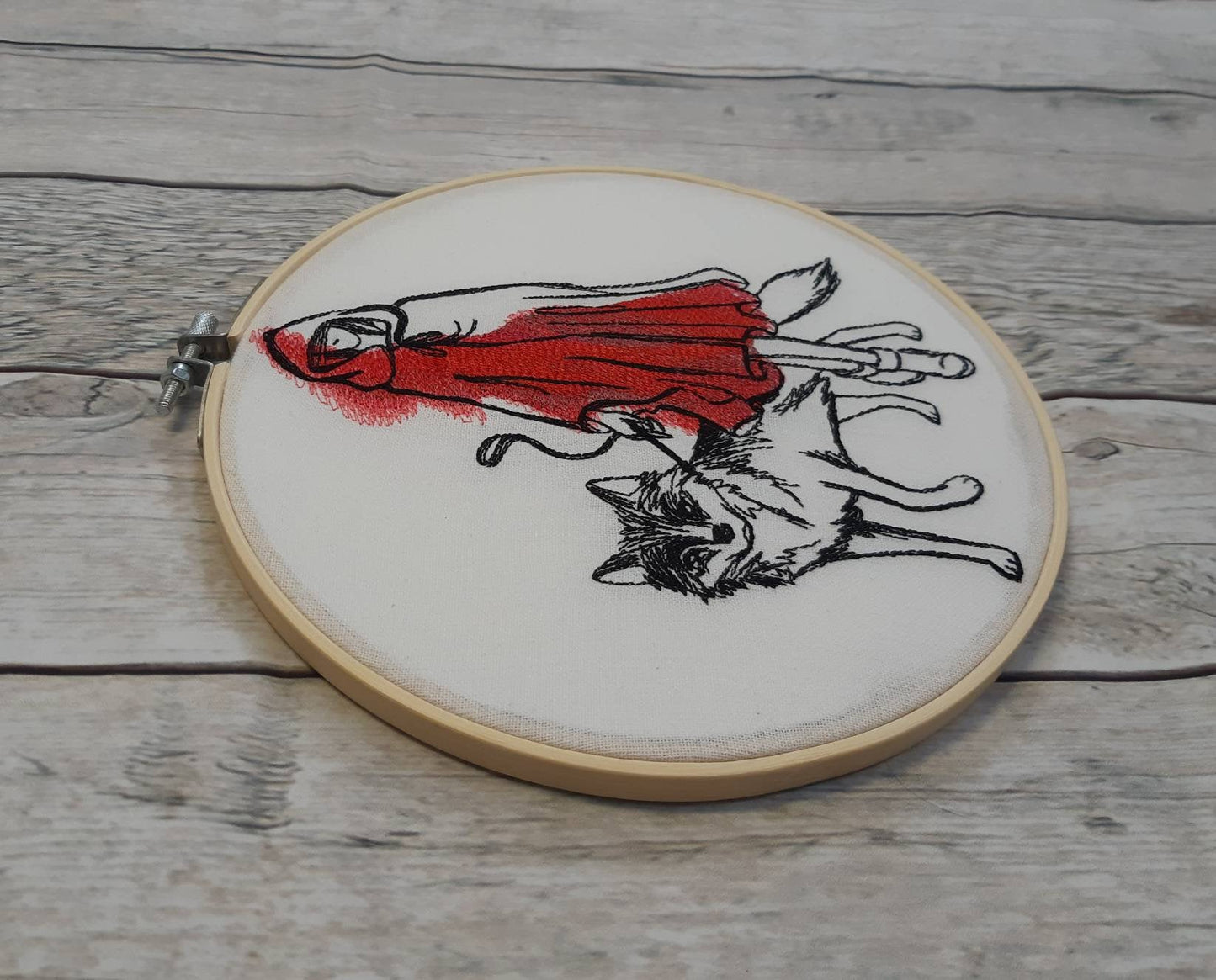 Red Riding Hood and Wolf Embroidered Hoop Art, 8" hoop