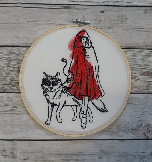 Red Riding Hood and Wolf Embroidered Hoop Art, 8" hoop