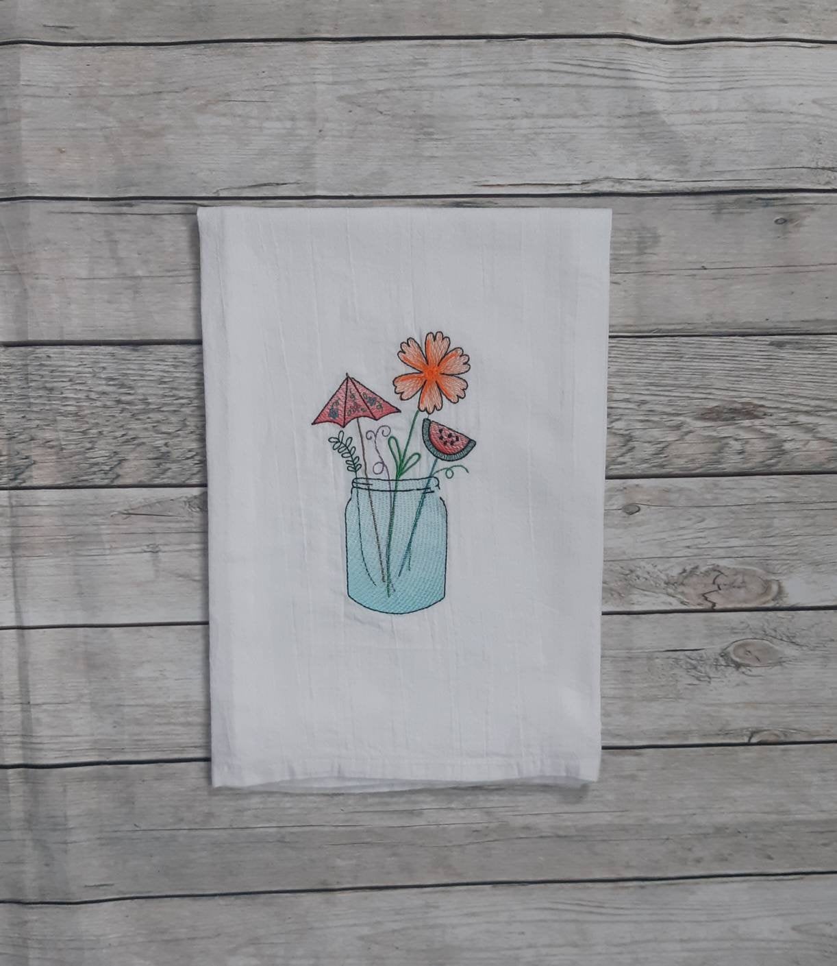 Embroidered Summer Mason Jar Flour Sack Towel