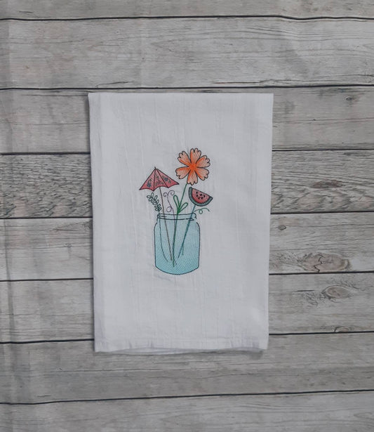 Embroidered Summer Mason Jar Flour Sack Towel