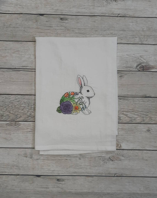 Embroidered Bunny with Flowers Flour Sack Towel