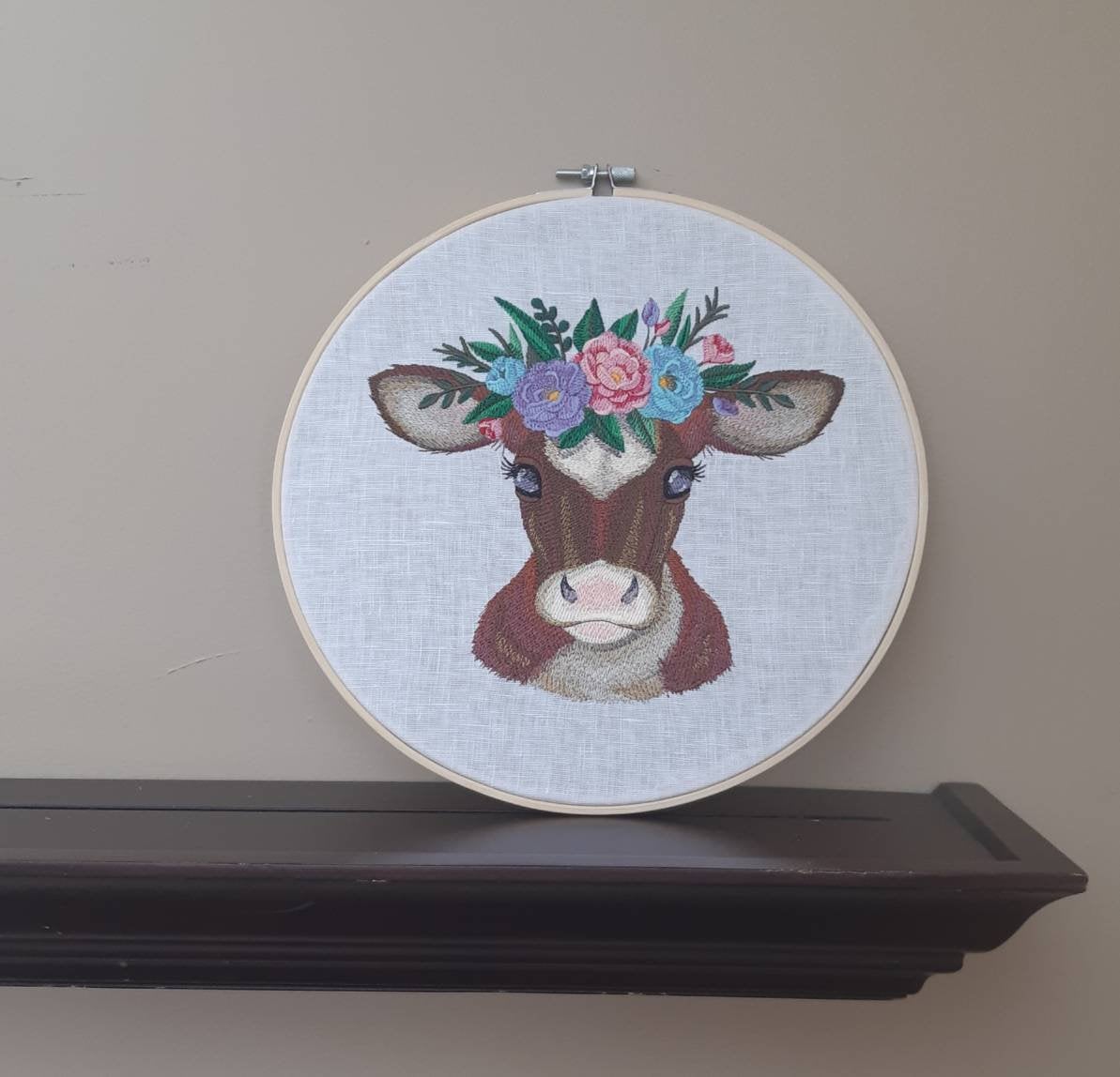 Embroidered Cow Hoop Art, 10 inch Hoop