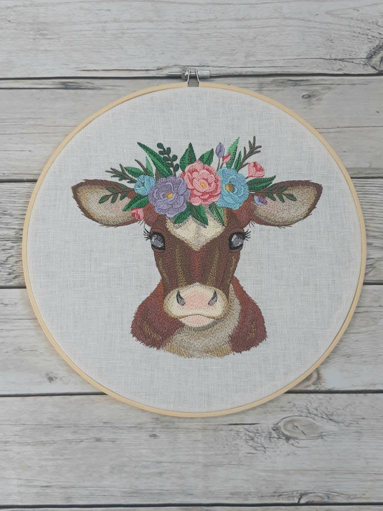 Embroidered Cow Hoop Art, 10 inch Hoop