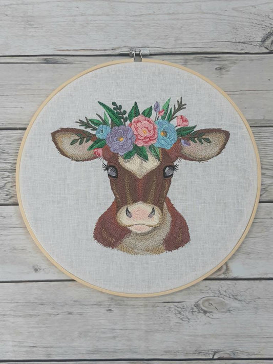 Embroidered Cow Hoop Art, 10 inch Hoop