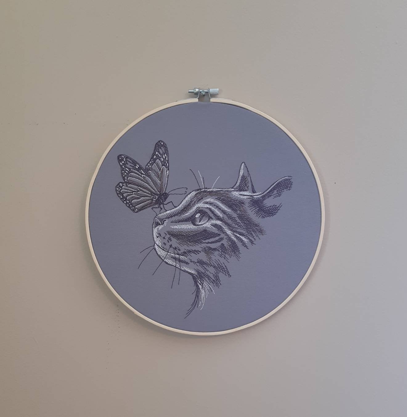 Embroidered Cat With Butterfly Wall Decor, 10 inch hoop