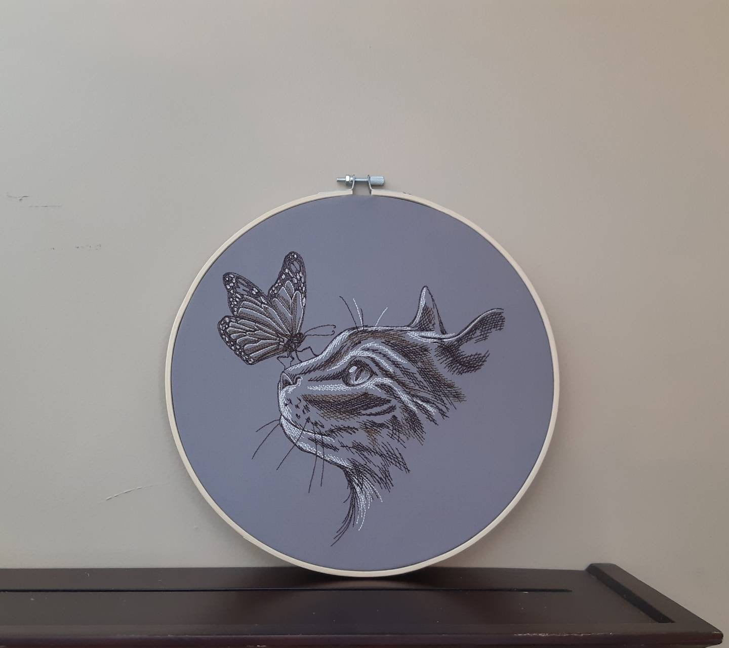 Embroidered Cat With Butterfly Wall Decor, 10 inch hoop