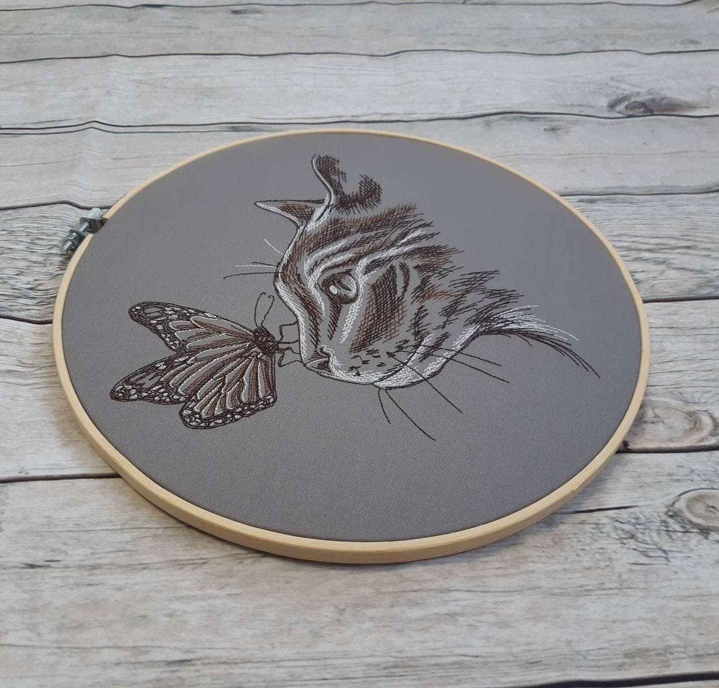 Embroidered Cat With Butterfly Wall Decor, 10 inch hoop