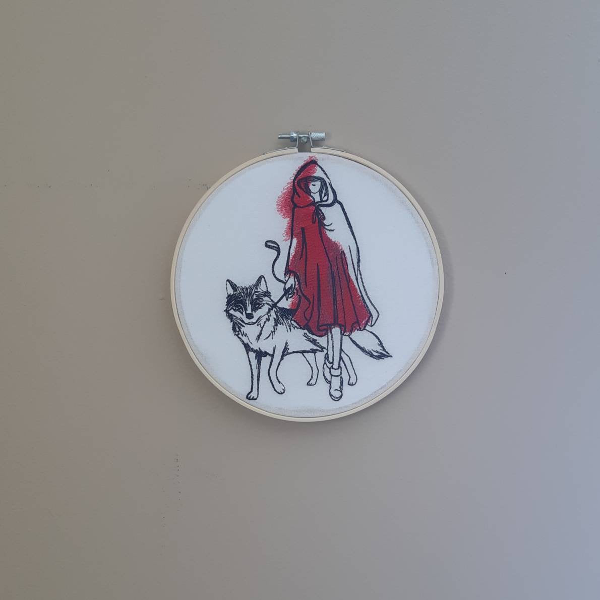 Red Riding Hood and Wolf Embroidered Hoop Art, 8" hoop