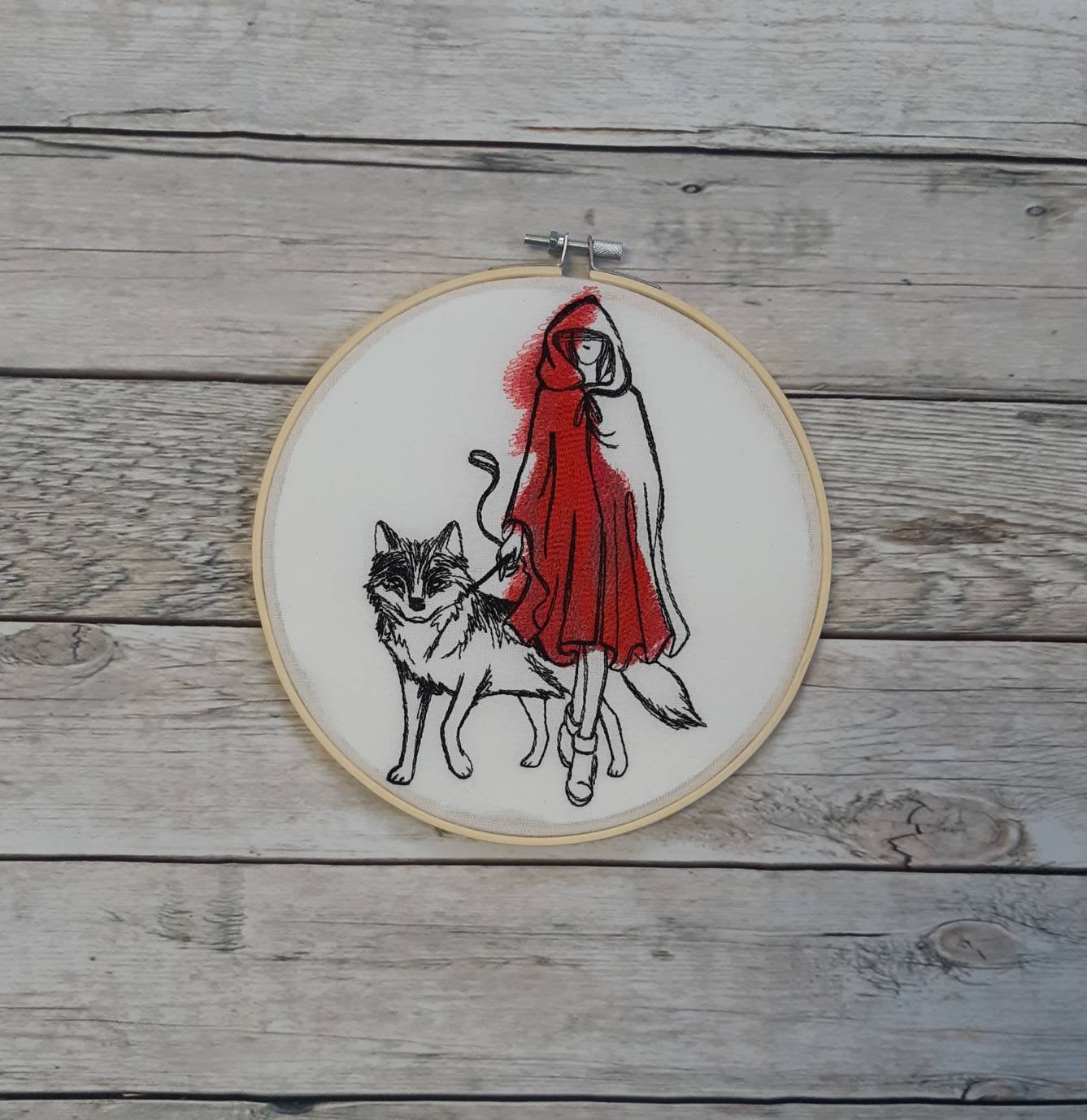 Red Riding Hood and Wolf Embroidered Hoop Art, 8" hoop