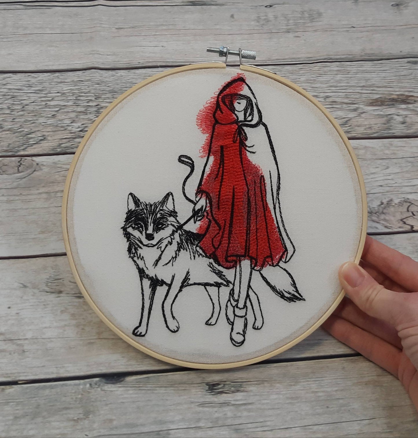 Red Riding Hood and Wolf Embroidered Hoop Art, 8" hoop