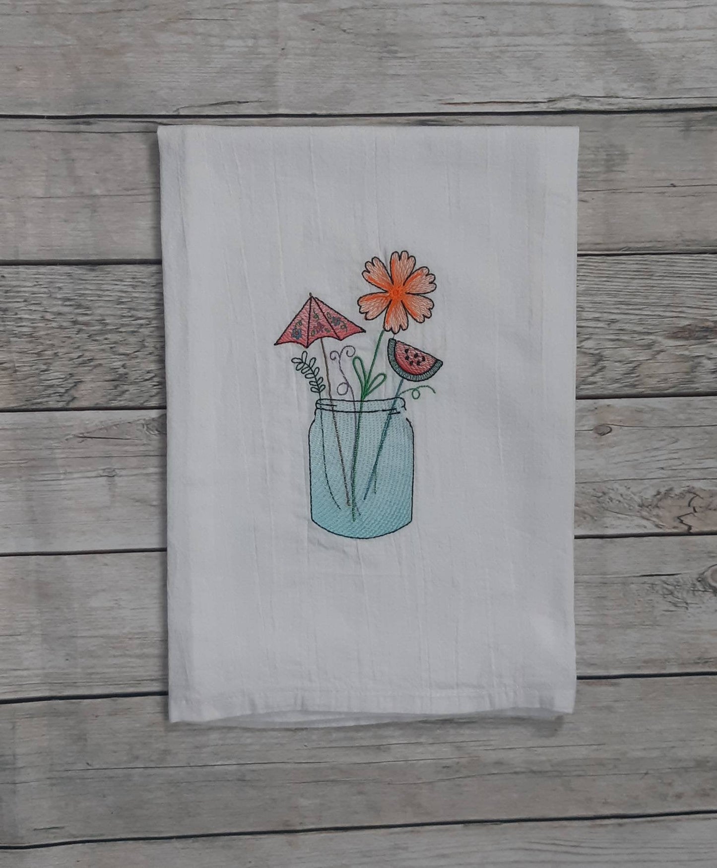 Embroidered Summer Mason Jar Flour Sack Towel