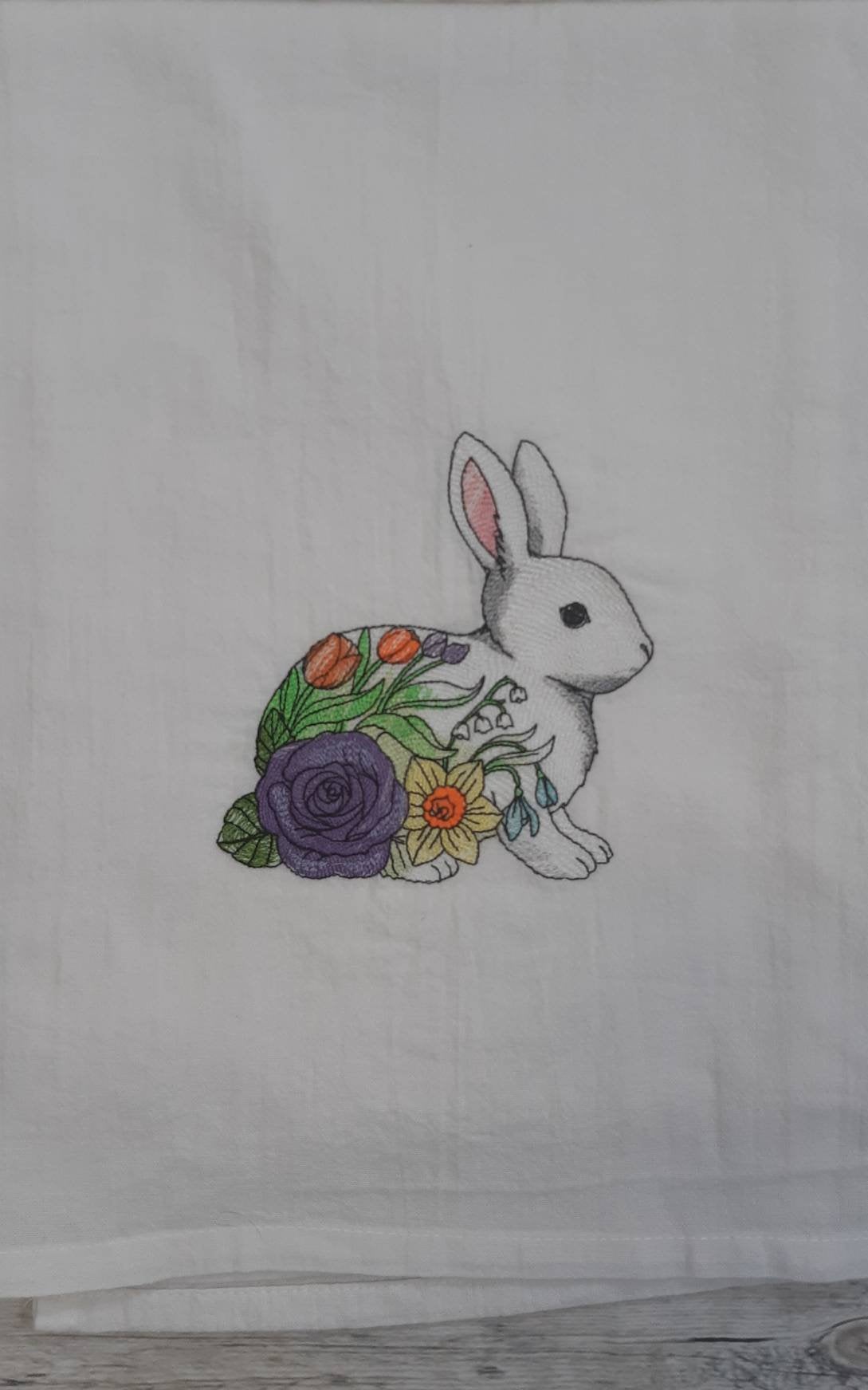 Embroidered Bunny with Flowers Flour Sack Towel