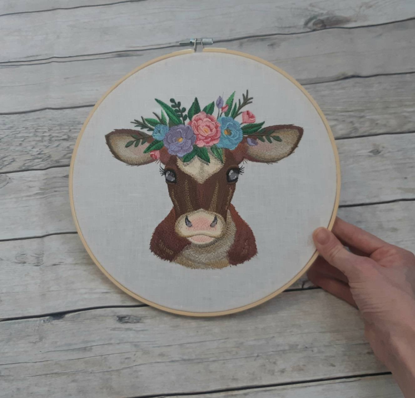 Embroidered Cow Hoop Art, 10 inch Hoop