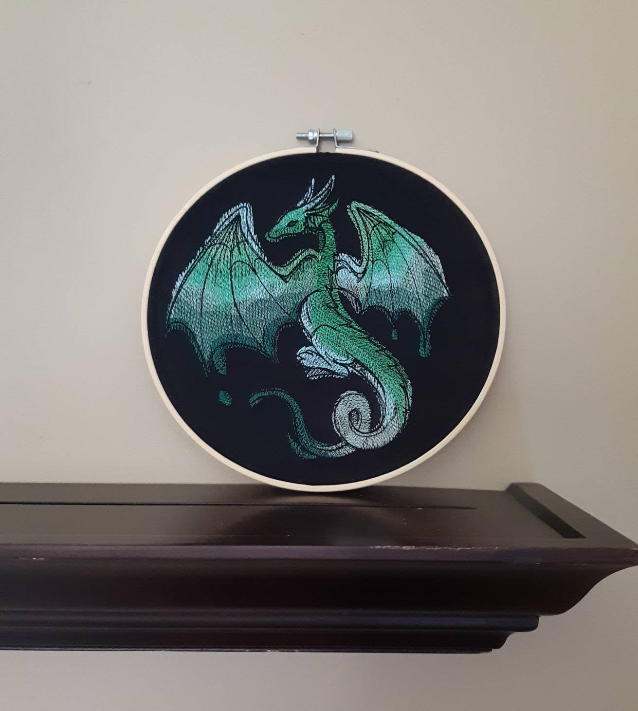 Green Dragon Embroidered Hoop Art, 8 Inch Hoop