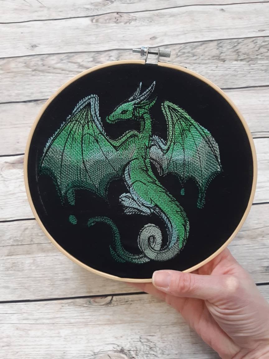 Green Dragon Embroidered Hoop Art, 8 Inch Hoop