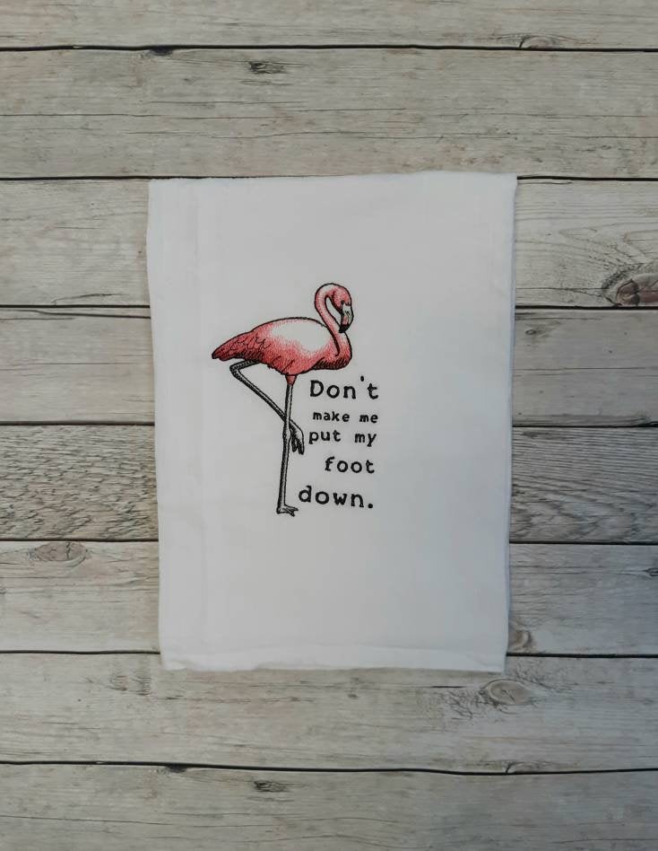 Embroidered Flamingo Tea Towel